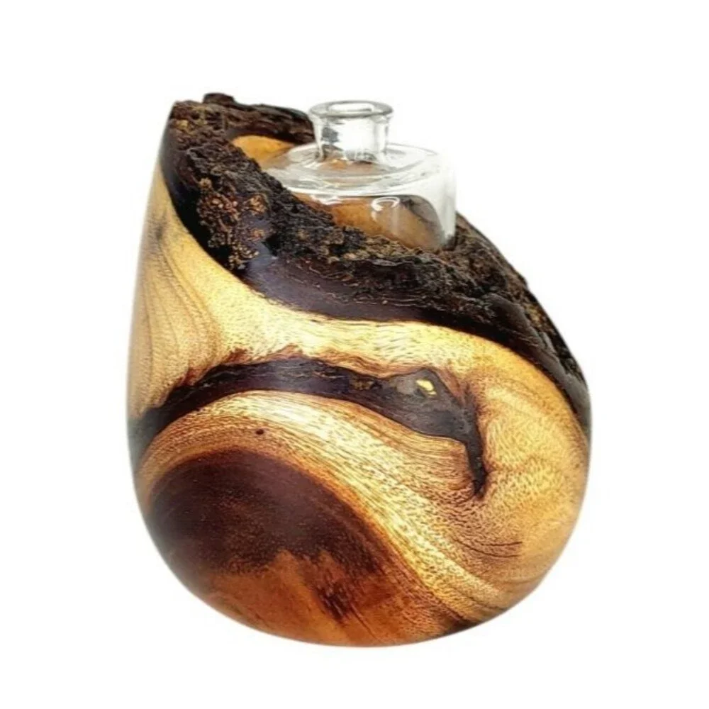 Vintage MCM KOA Wood Natural Edge Rustic Modernist Bud Vases Glass Insert Signed